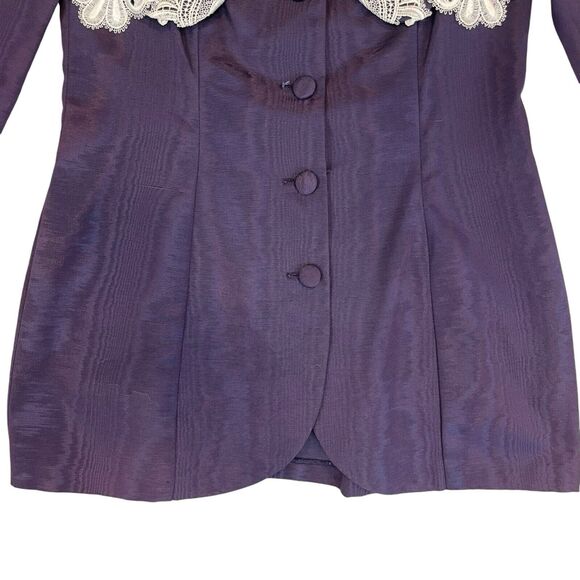 VTG 80s 90s Scott McClintock 2 Piece Skirt Suit Sz 8 Purple Taffeta Lace Collar - Picture 4 of 15